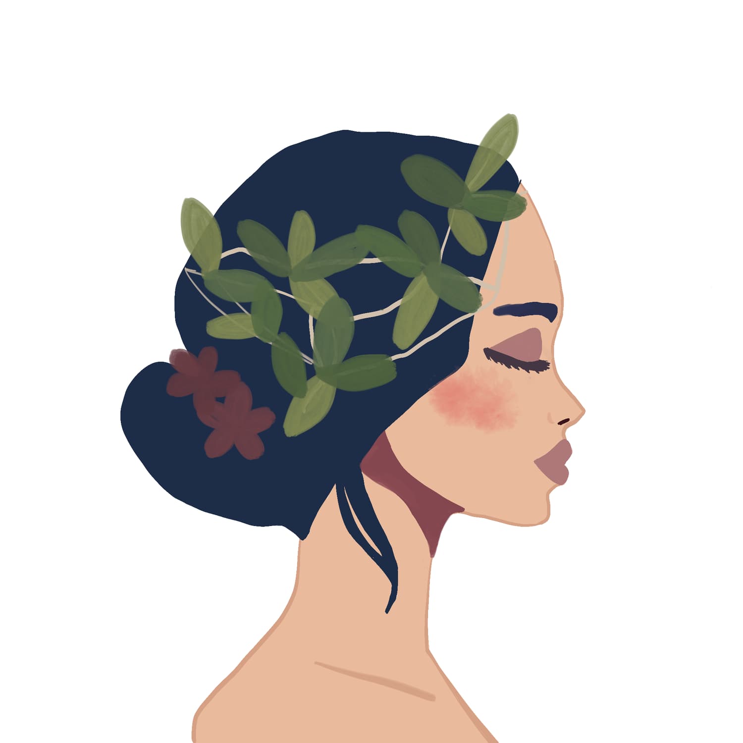 Woman in profile wearing a crown of leaves
