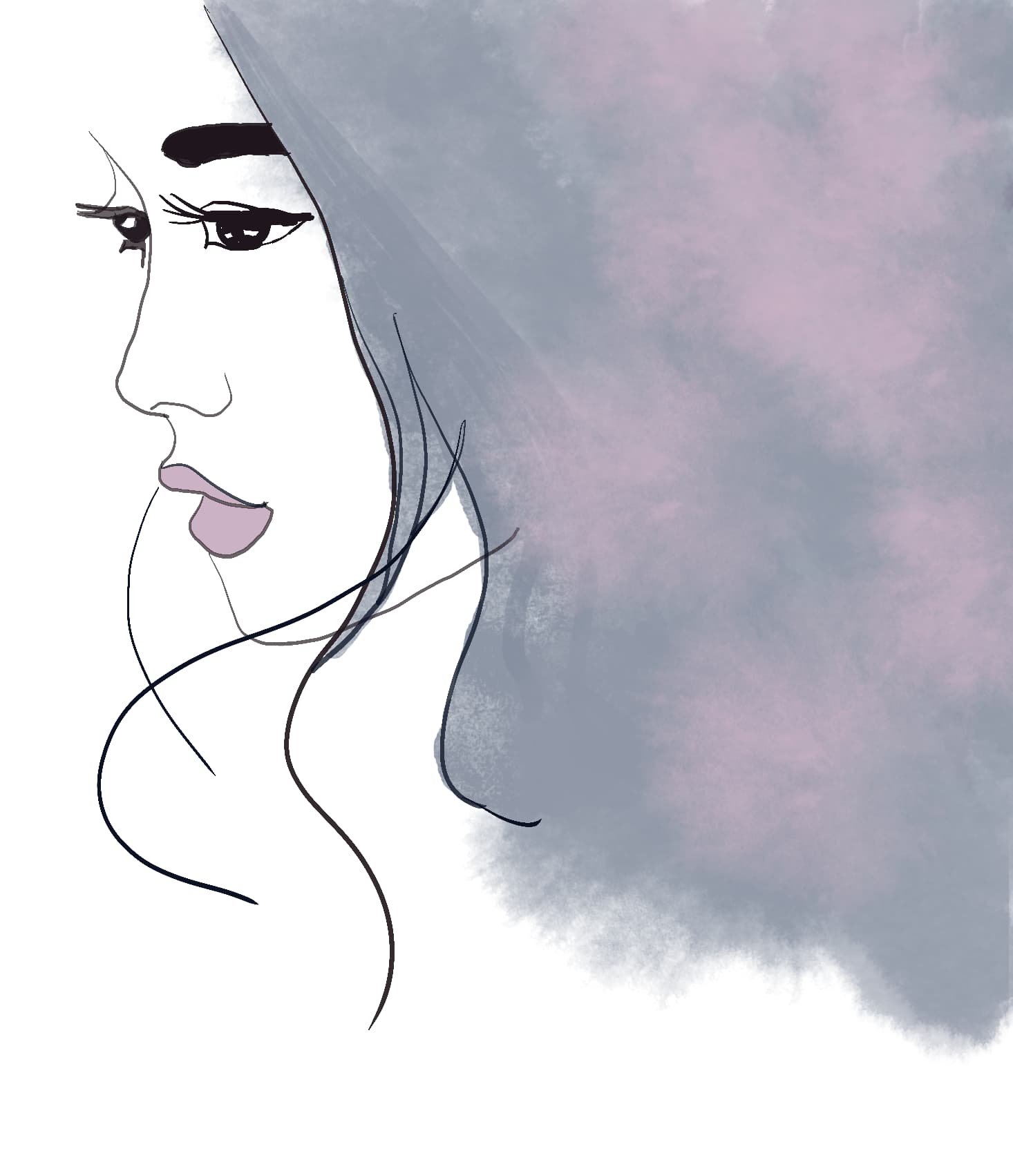 Line-drawn profile against a lavender watercolor wash
