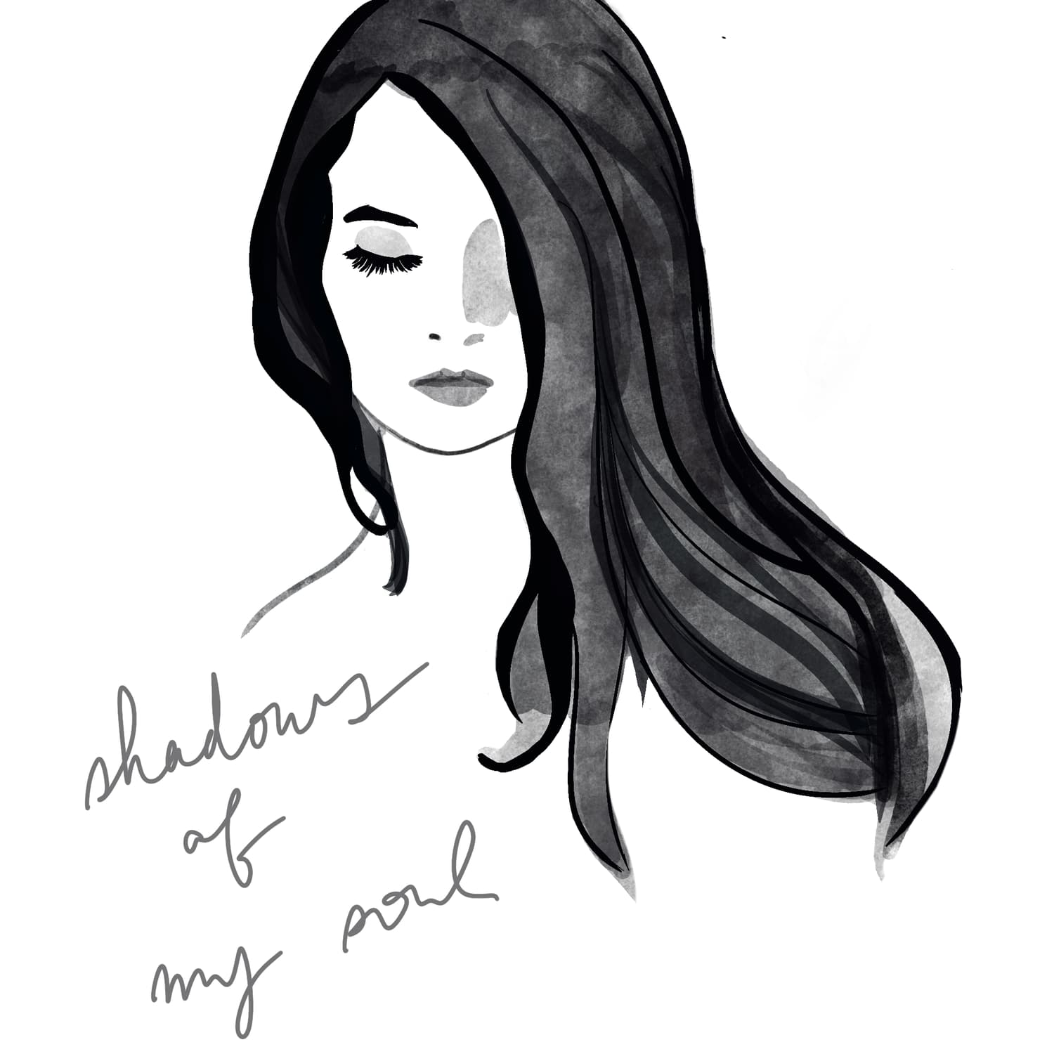 Woman with long dark hair beside the words “shadow of my soul”