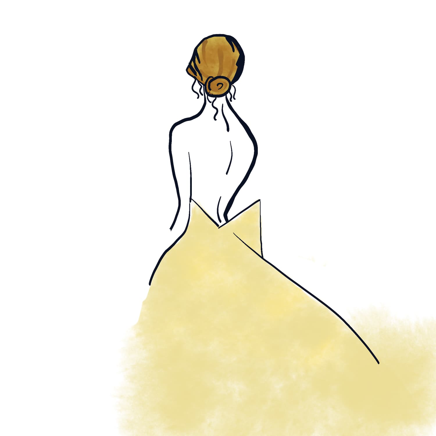 Woman in a yellow gown seen from behind