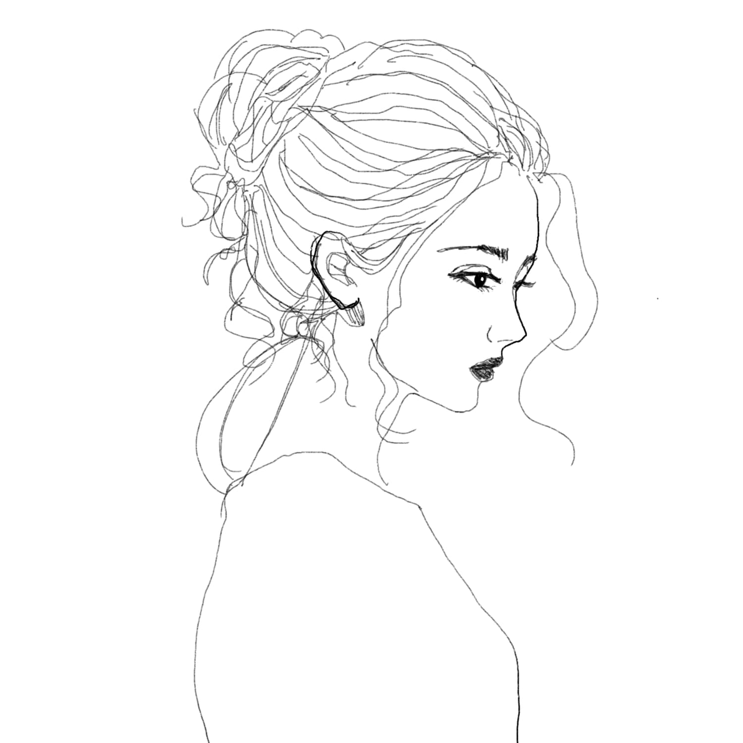 Line drawing of a woman with an updo