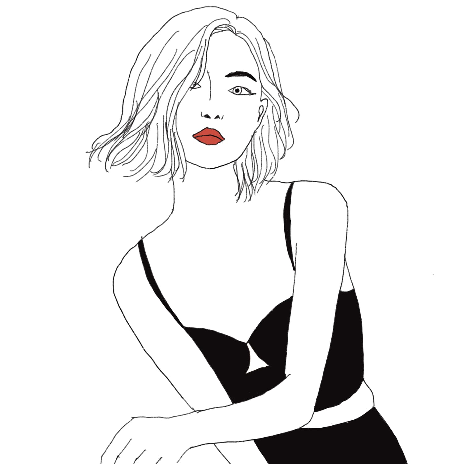 Short-haired woman in a black top with red lips