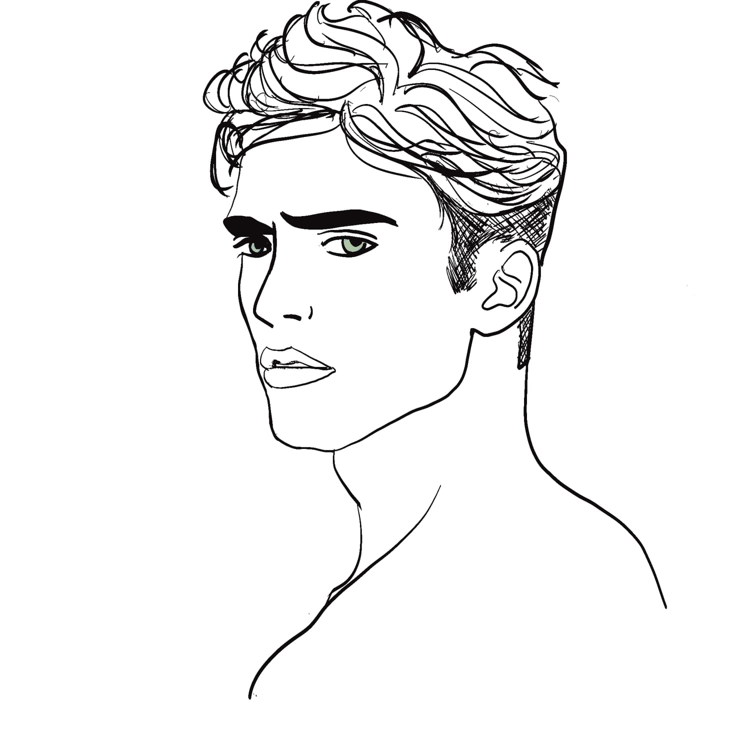 Line portrait of a man with wavy hair