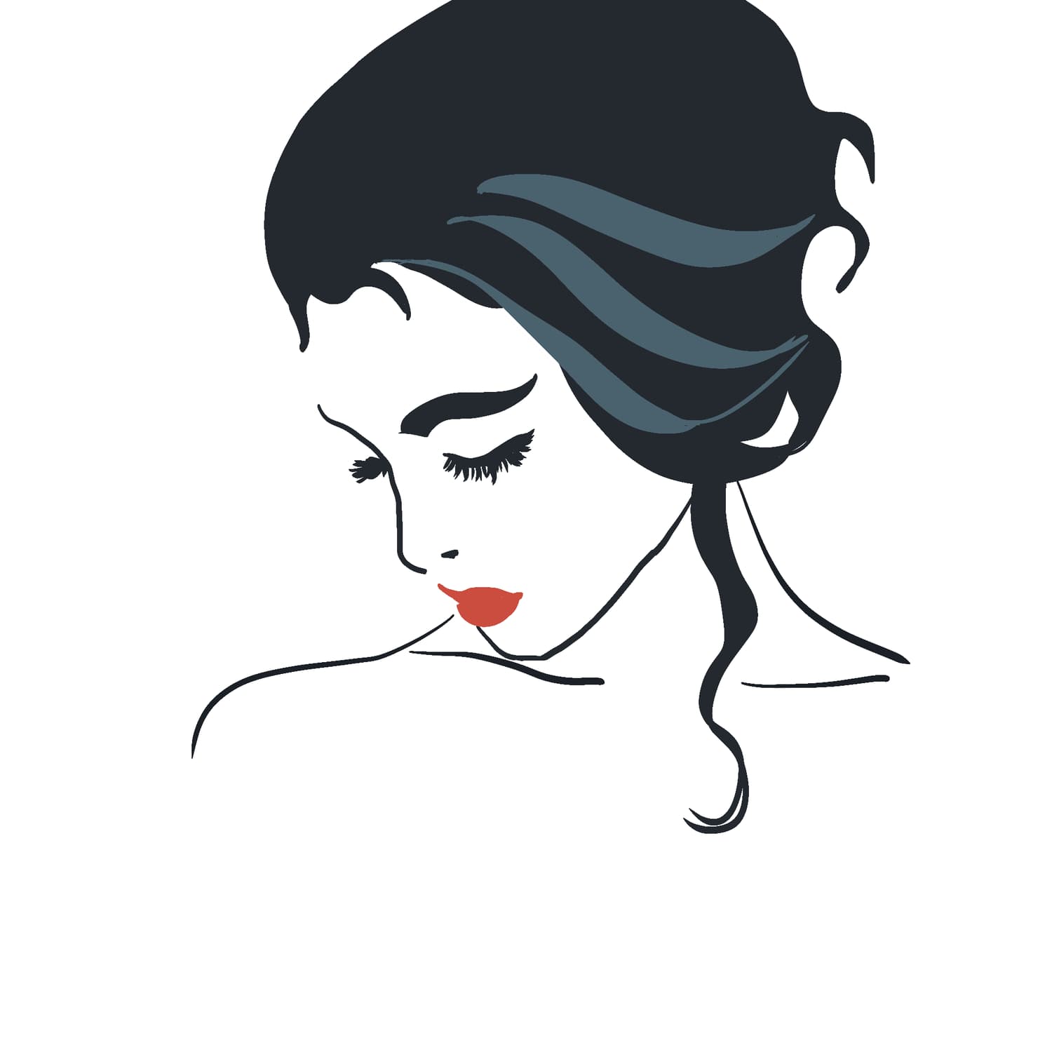 Woman with dark wavy hair, eyes lowered