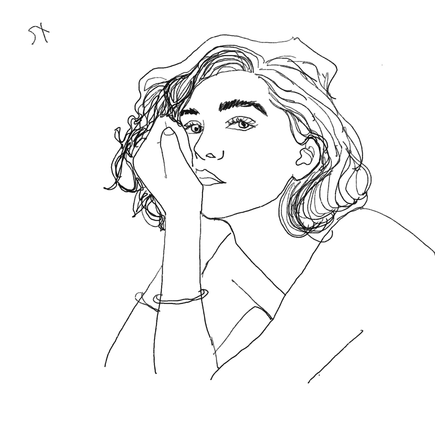 Line drawing of a woman with curly hair, hand to her face