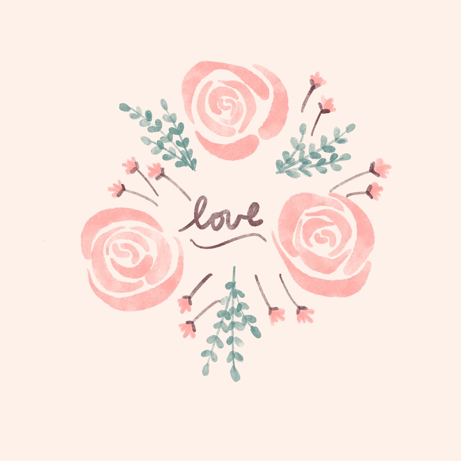 Pink rose wreath around the word “love”