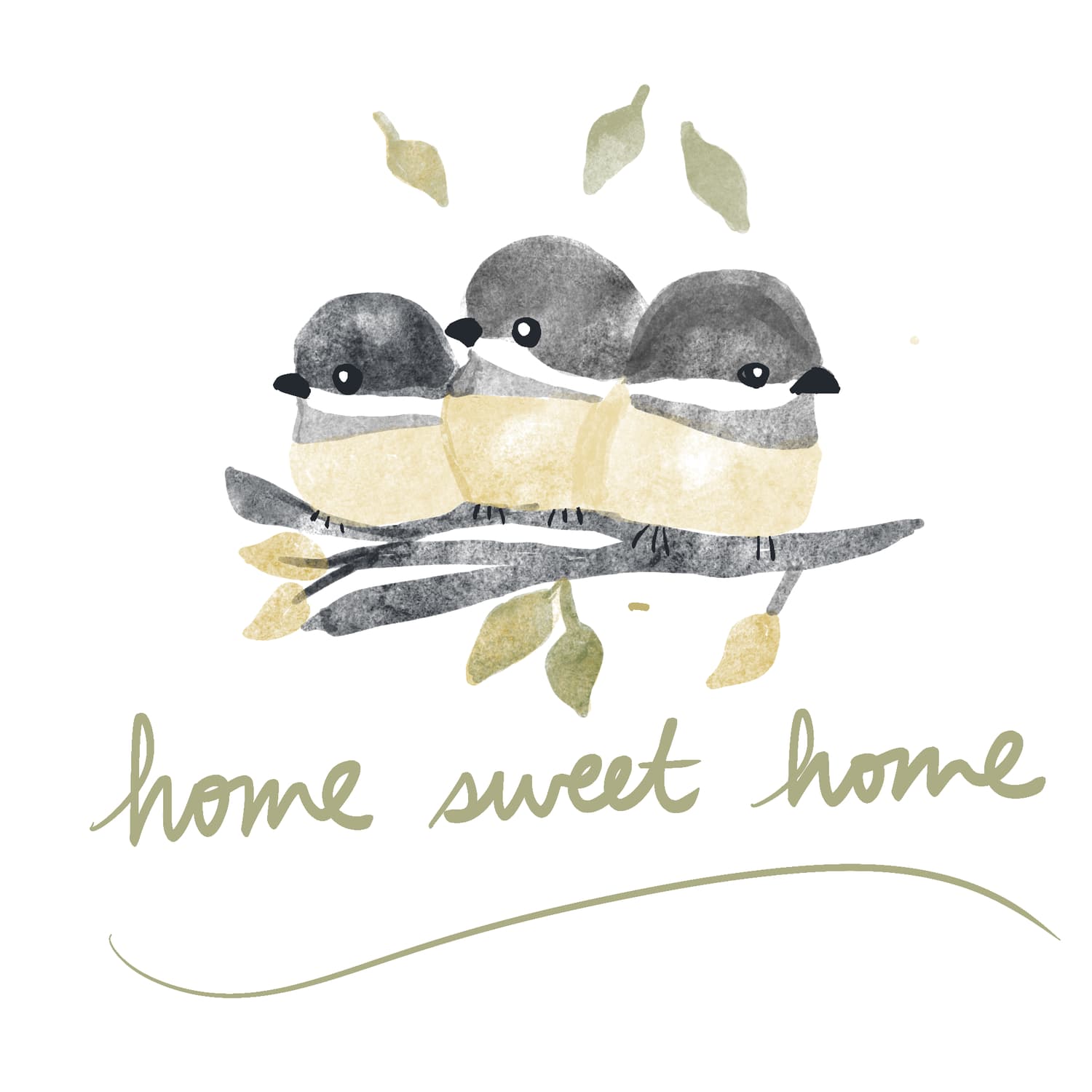 Two birds on a branch above the words “home sweet home”