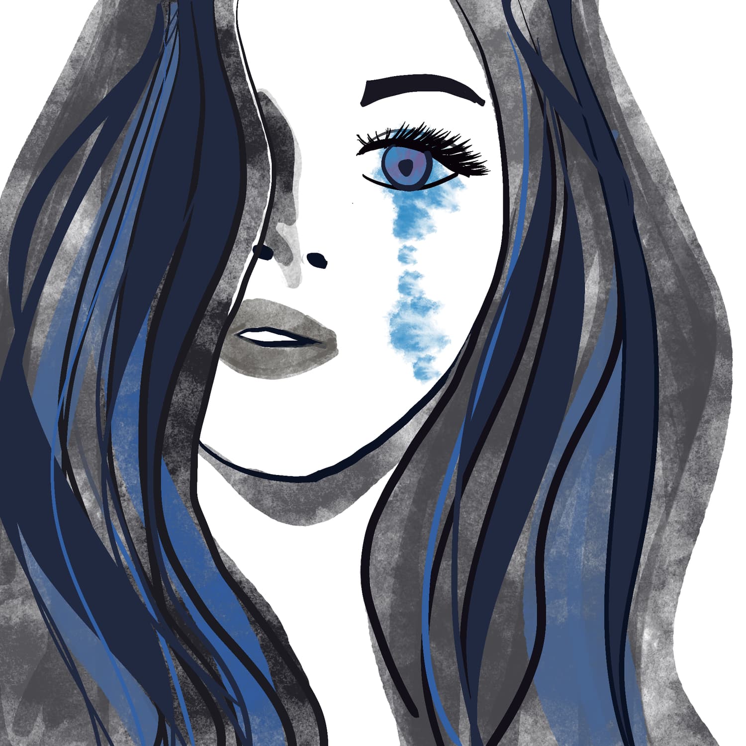 Woman with long blue-black hair weeping blue tears