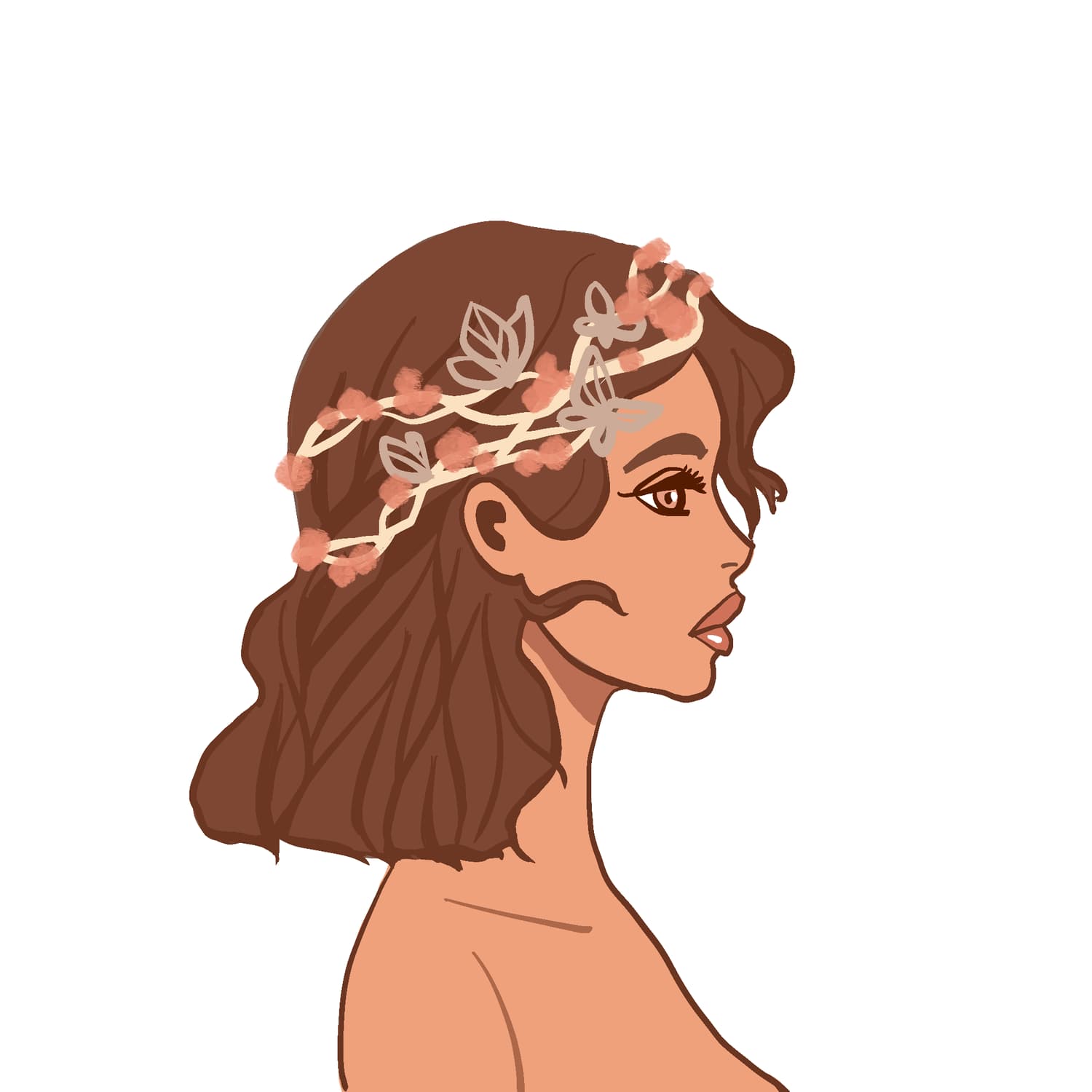Woman with auburn hair and a floral circlet, in profile