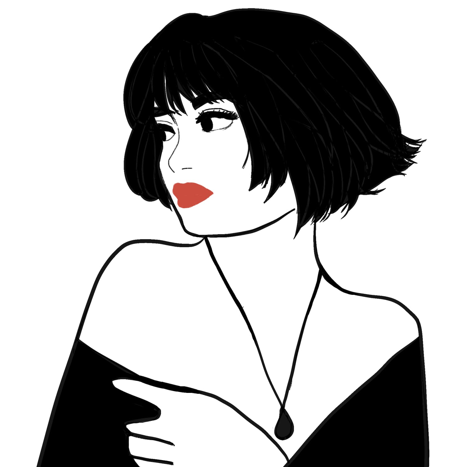 Woman with a black bob in an off-shoulder top